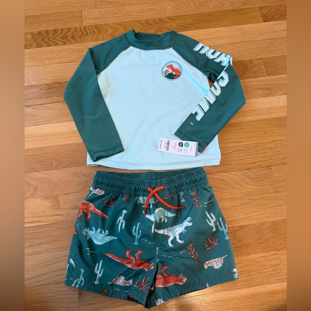 Carter's Toddler Boys Rash Guard Top Dinosaur-Print Swim Shorts 2 piece set 3T - Picture 4 of 13